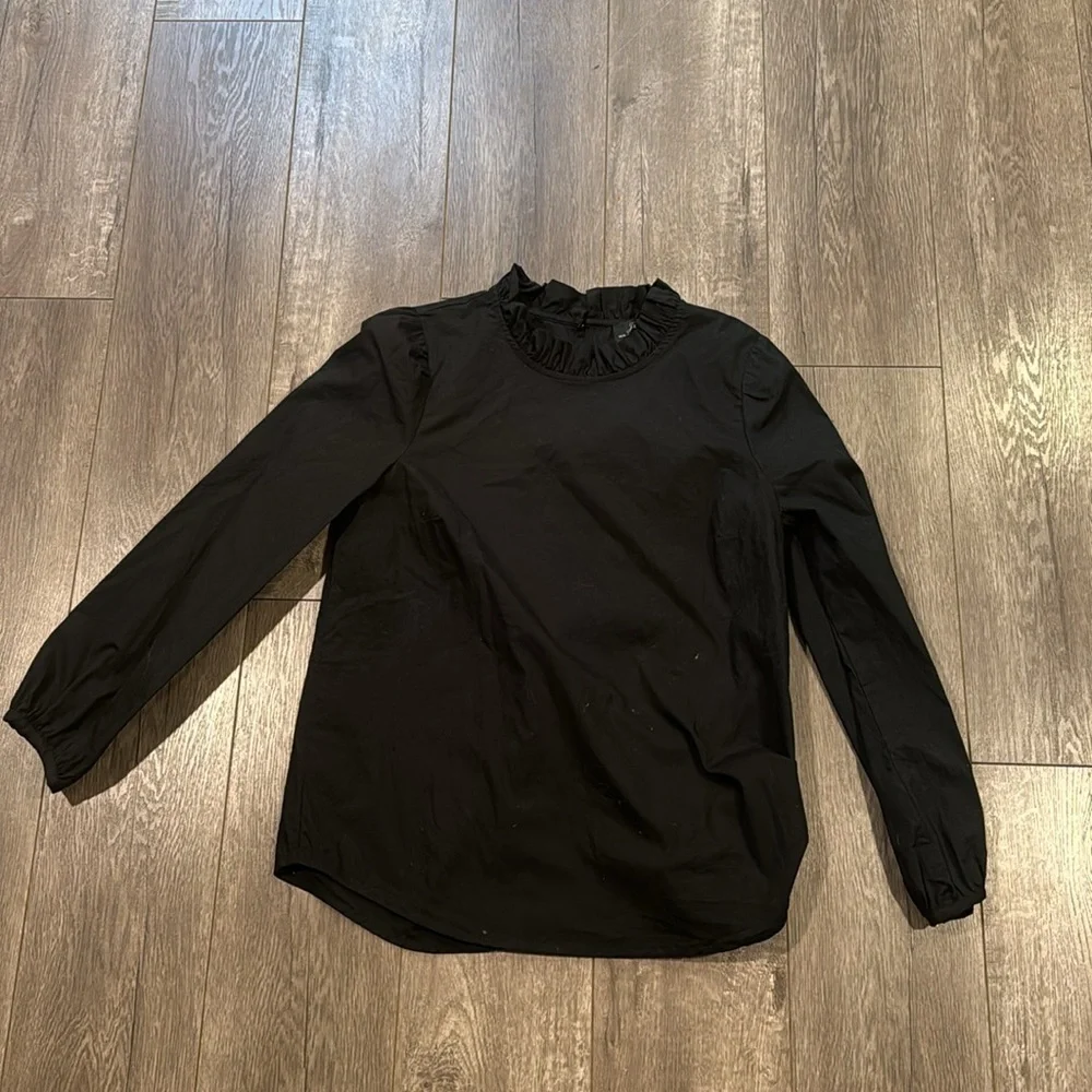 J. Crew Black Ruffle Neck Long-Sleeve Blouse